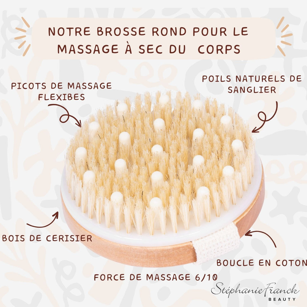 Stephanie Franck Beauty – Brosse à Sec Corps Ronde en Poils Naturels – Massage Tonique & Exfoliation – Force Moyenne (6/10)