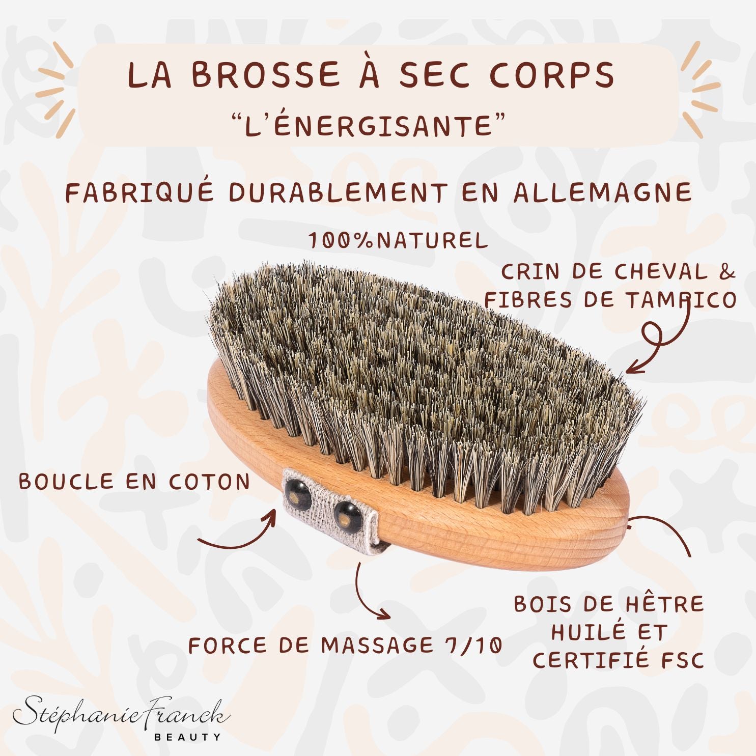 Stephanie Franck Beauty – Brosse à Sec Drainante Corps | Dry Brushing Anti-Cellulite en Tampico & Crin – Made in Germany