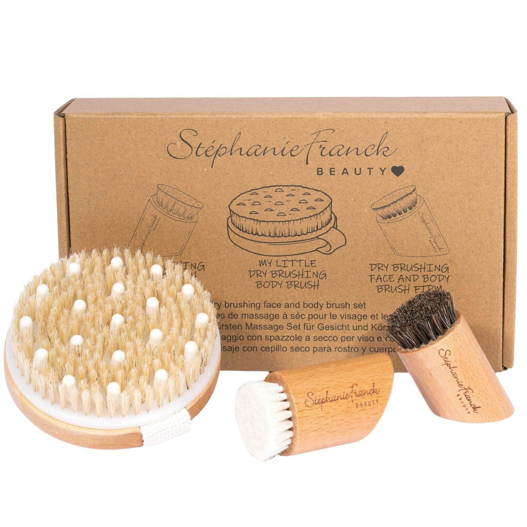 Stephanie Franck Beauty – Coffret Brosses Corps & Visage | Dry Brushing en Poils Naturels & Bois | 1 Corps + 2 Visage (Douce & Ferme)