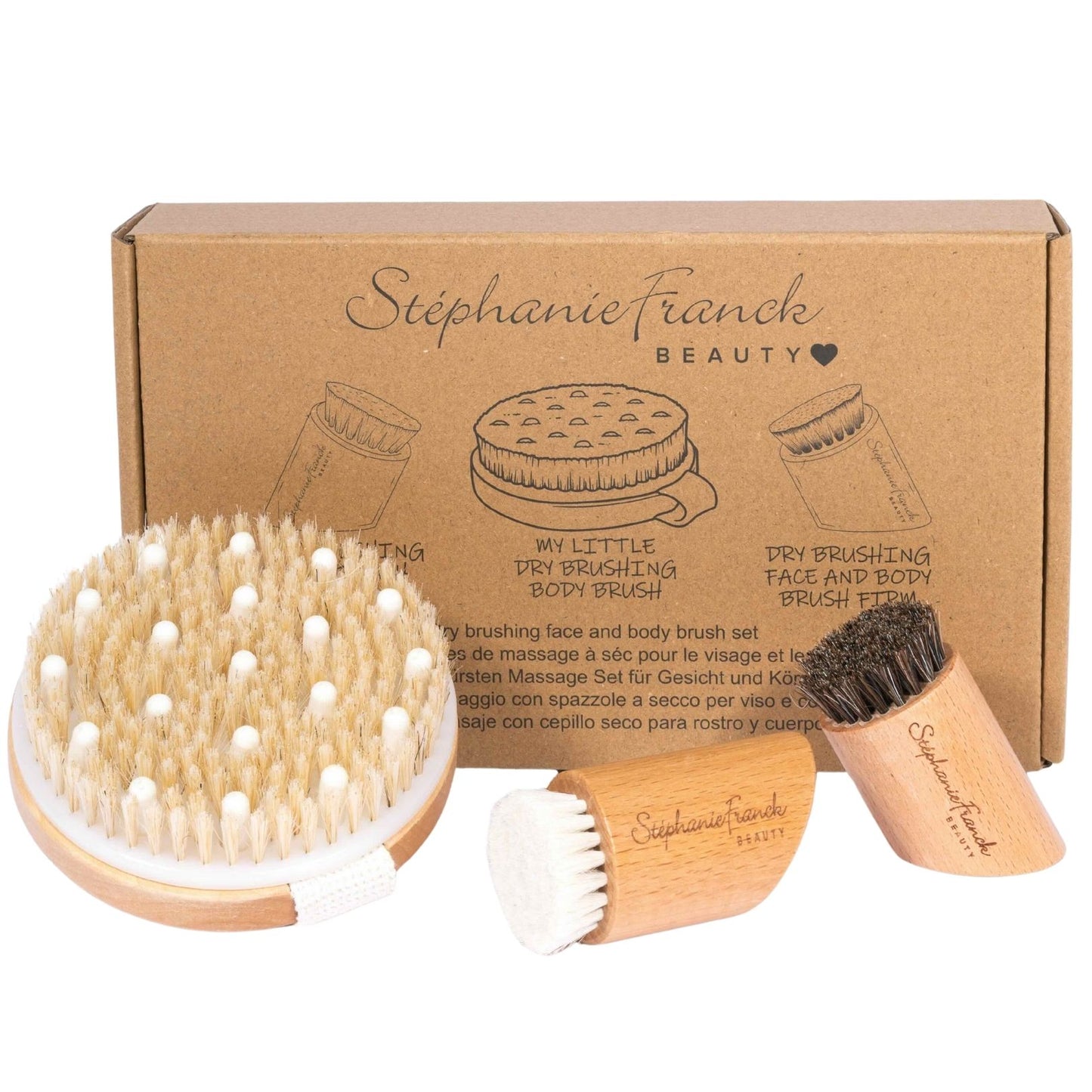 Stephanie Franck Beauty – Coffret Brosses Corps & Visage | Dry Brushing en Poils Naturels & Bois | 1 Corps + 2 Visage (Douce & Ferme)