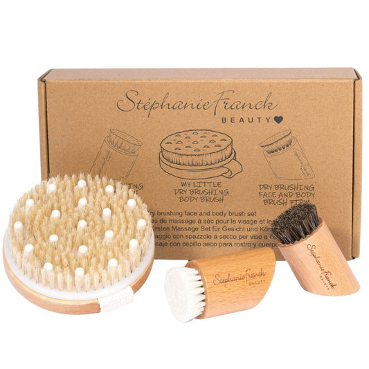 Stephanie Franck Beauty – Coffret Brosses Corps & Visage | Dry Brushing en Poils Naturels & Bois | 1 Corps + 2 Visage (Douce & Ferme)