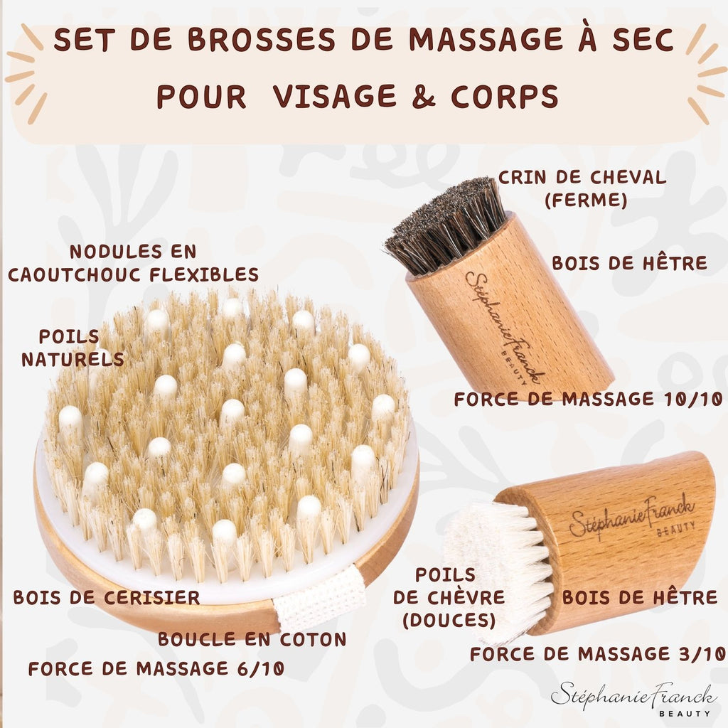 Stephanie Franck Beauty – Coffret Brosses Corps & Visage | Dry Brushing en Poils Naturels & Bois | 1 Corps + 2 Visage (Douce & Ferme)