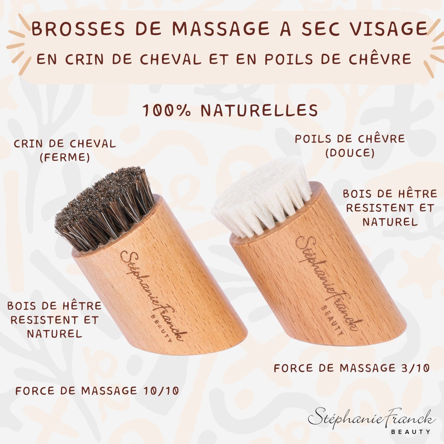 Stephanie Franck Beauty – Duo Brosse Visage à Sec – Crin de Cheval & Poils de Chèvre – Massage & Éclat Naturel
