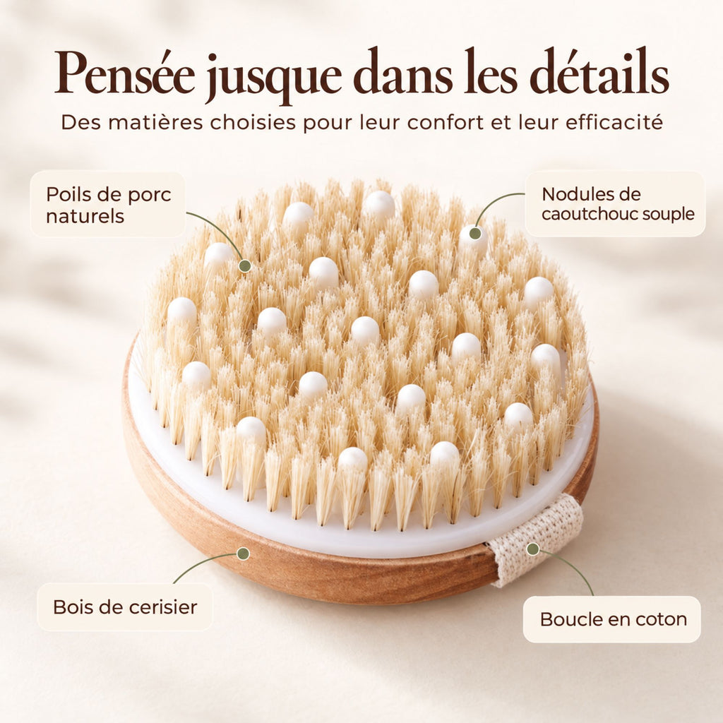 Détails des matières de la brosse à sec ronde - poils de porc, nodules, bois de cerisier