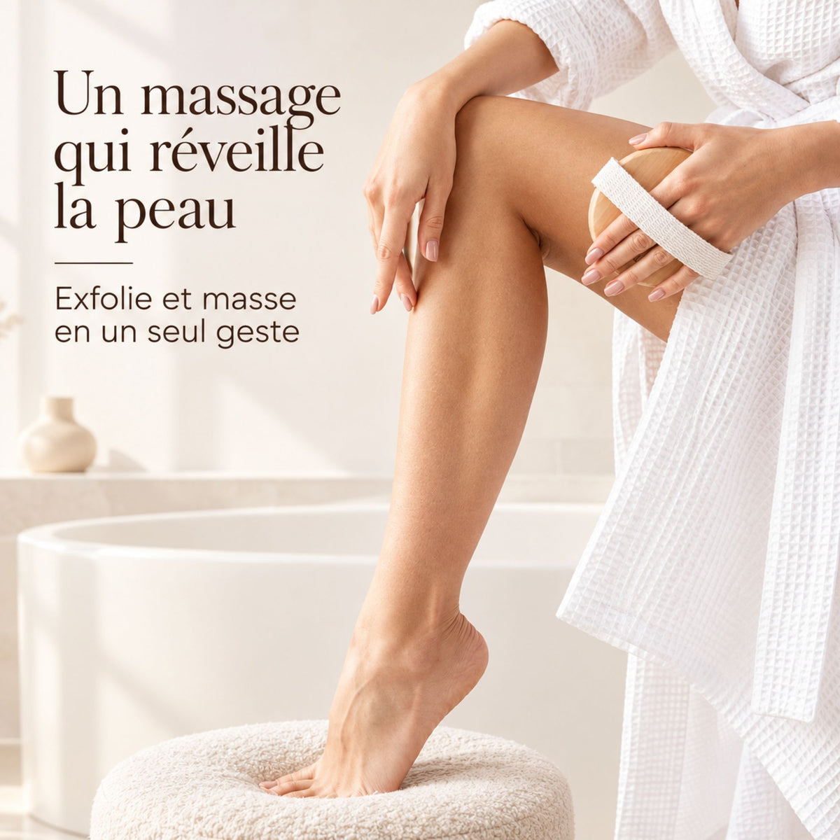 Massage tonique de la jambe avec la brosse à sec ronde