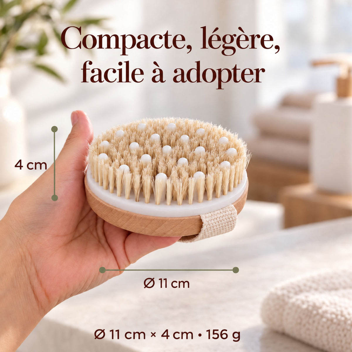 Brosse à sec ronde compacte, dimensions 11cm x 4cm, 156g