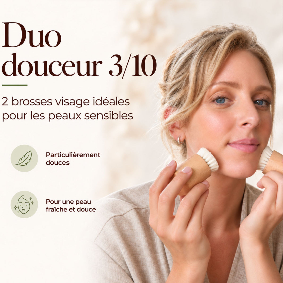 Duo de brosses visage douces en poils de chèvre - utilisation sur le visage