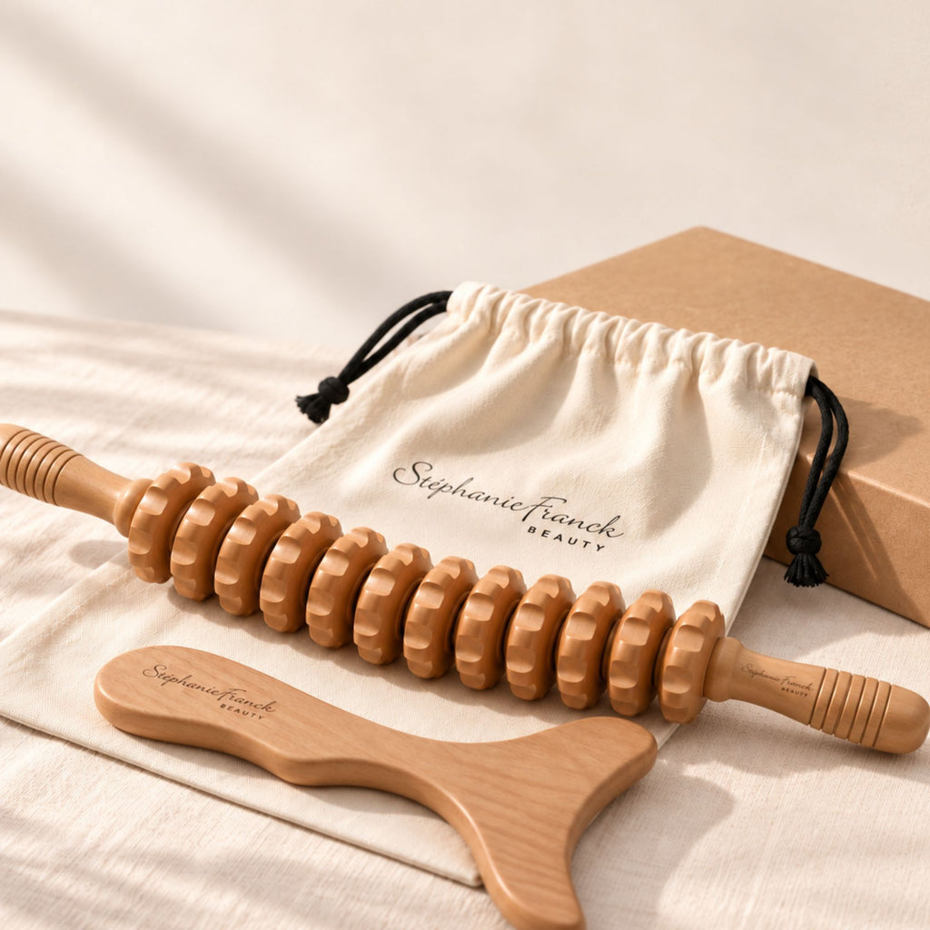 Duo Madero - roller en bois 12 disques et gua sha, avec pochette en coton et coffret Stéphanie Franck Beauty