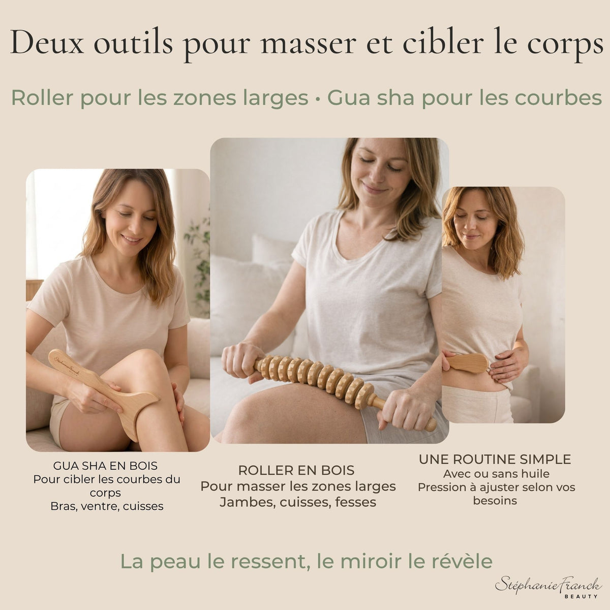 Roller pour les zones larges, gua sha pour les courbes - deux outils Madero