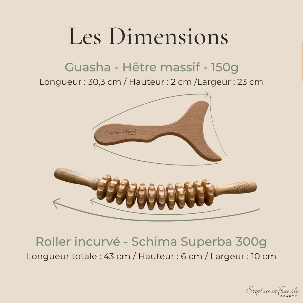Dimensions du gua sha et du roller Madero en hêtre massif